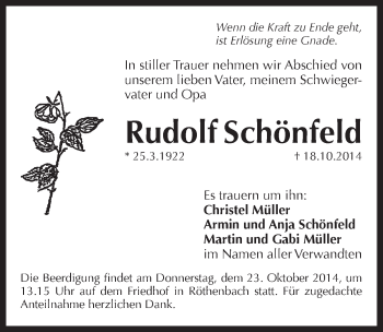 Traueranzeige von Rudolf Schönfeld von Pegnitz-Zeitung